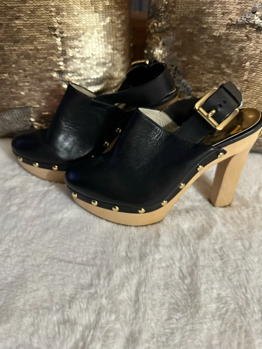 Michael Kors Black Leather Platform Clog Heels with Gold Studs - Picture 2 of 12